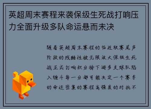 英超周末赛程来袭保级生死战打响压力全面升级多队命运悬而未决 英超周末赛程来袭保级生死战打响压力全面升级多队命运悬而未决